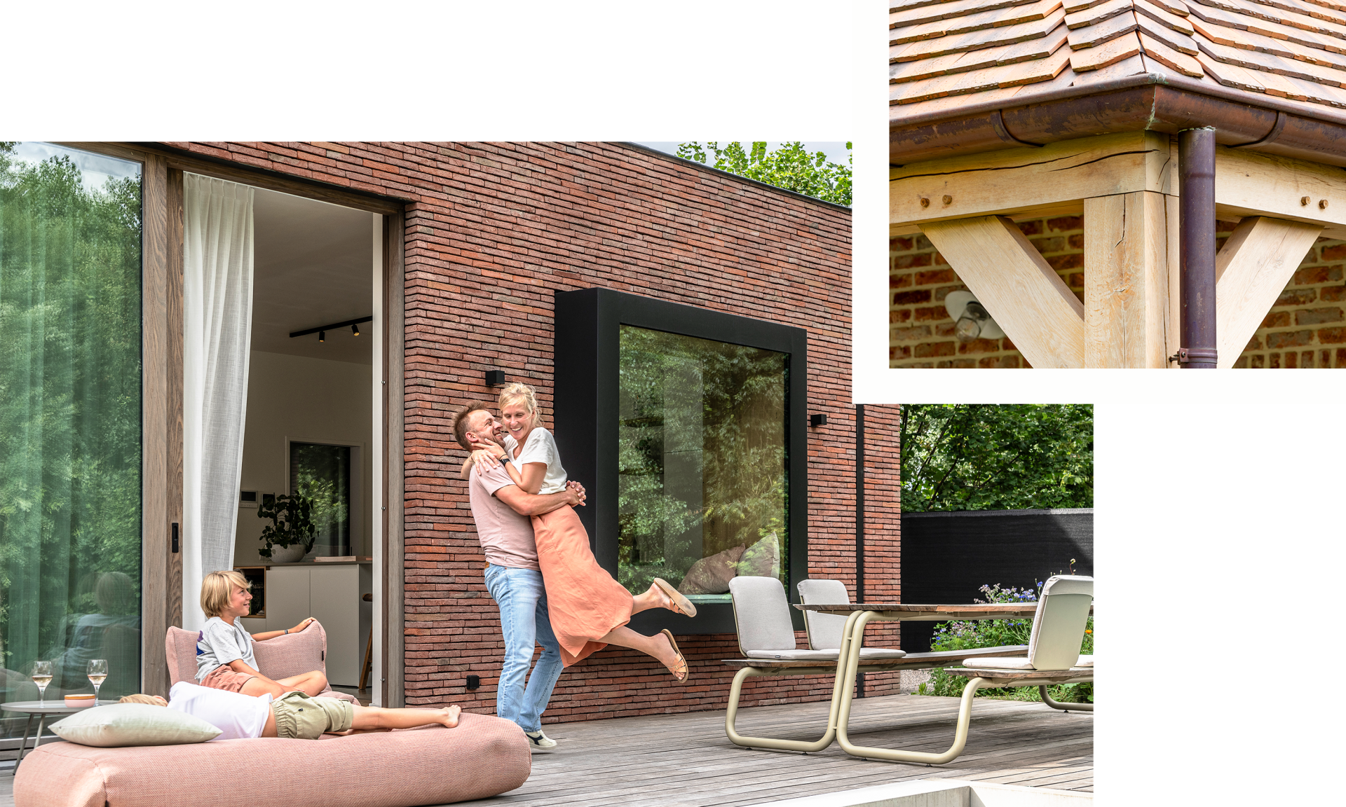 Detail eiken bijgebouw en sfeerbeeld nieuwbouwwoning