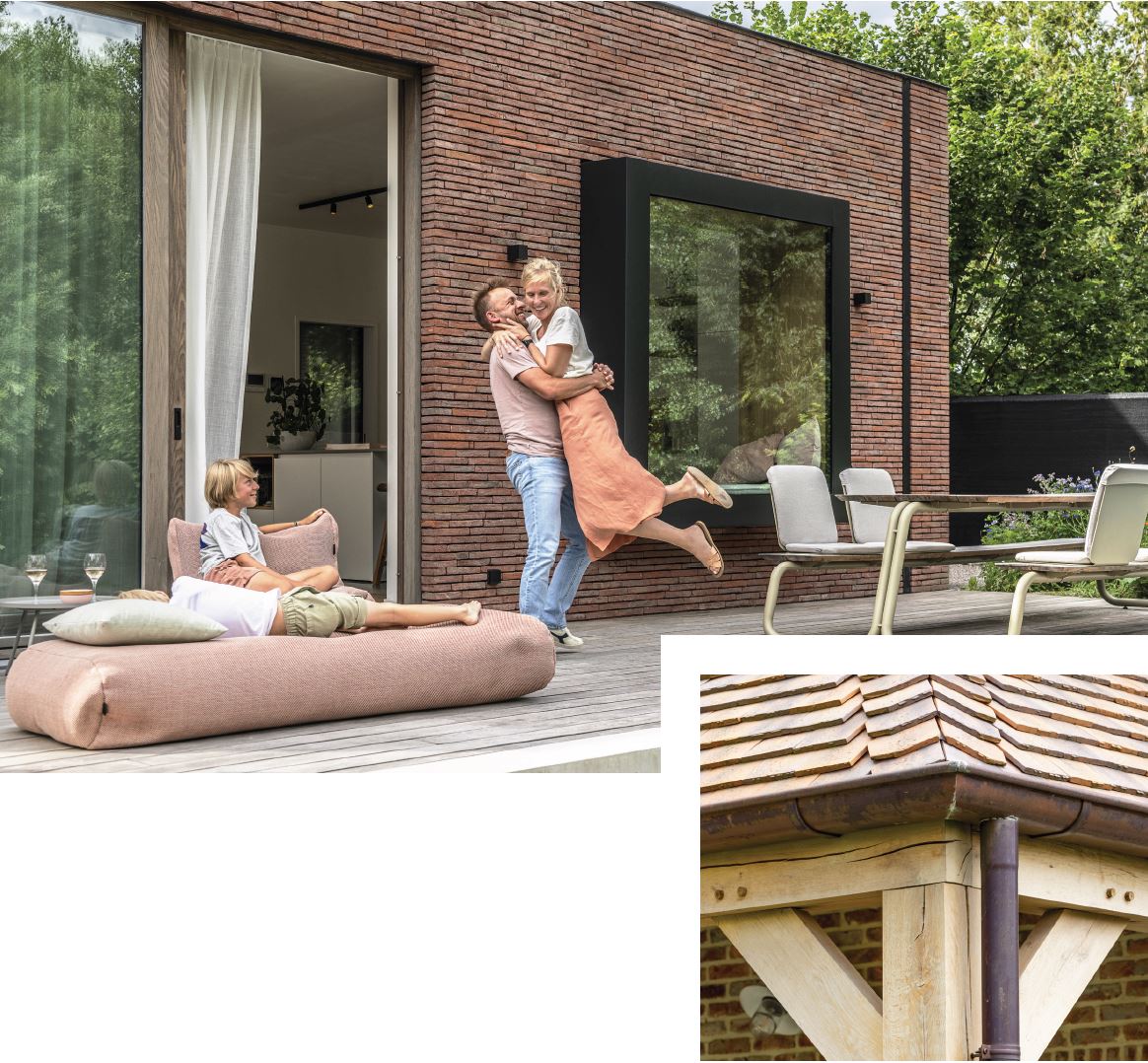 Detail eiken bijgebouw en sfeerbeeld nieuwbouwwoning
